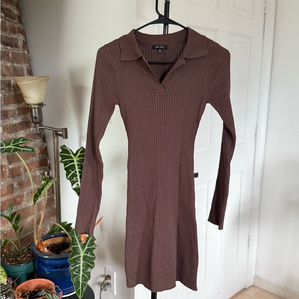 Brown ribbed long sleeve collared dress, Size S